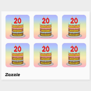 20th Birthday: Fun Cake and Candles + Custom Name Square Sticker