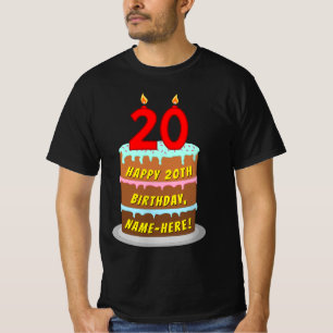 20th Birthday — Fun Cake & Candles, w/ Custom Name T-Shirt