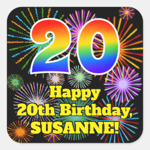 20th Birthday: Fun Fireworks Look, Rainbow # 20 Square Sticker