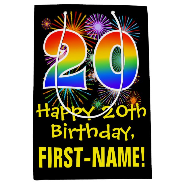 20th Birthday: Fun Fireworks Pattern + Rainbow 20 Medium Gift Bag (Front)