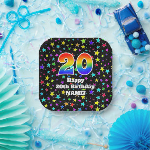 20th Birthday: Fun Stars Pattern and Rainbow “20” Paper Plate