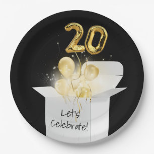 20th Birthday Gold Balloons In White Box  Paper Plate