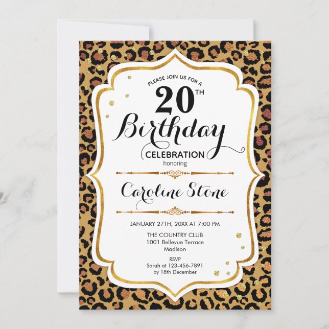 20th Birthday - Gold Leopard Print Invitation (Front)