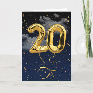 20th Birthday Gold Mylar Balloon and Confetti Card