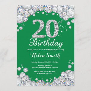 20th Birthday Green and Silver Diamond Invitation
