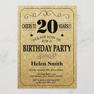 20th Birthday Invitation Black and Gold Glitter