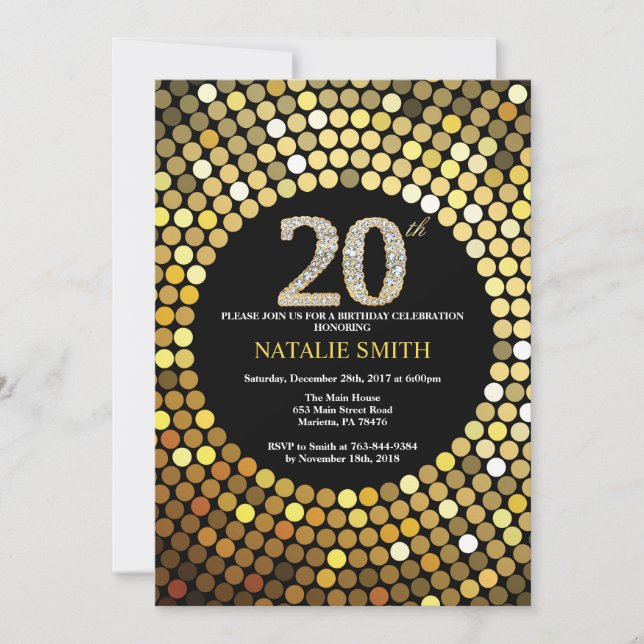 20th Birthday Invitation Black and Gold Glitter (Front)