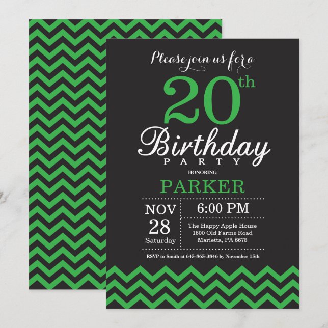 20th Birthday Invitation Black and Green Chevron (Front/Back)