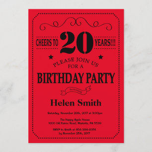20th Birthday Invitation Black and Red