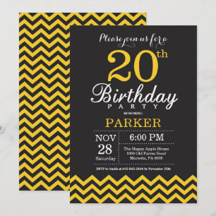 20th Birthday Invitation Black and Yellow Chevron