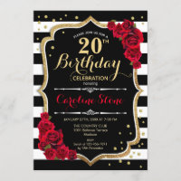 20th Birthday Invitation Black White Stripes Roses