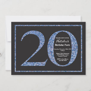 20th Birthday Invitation Blue Glitter Chalkboard