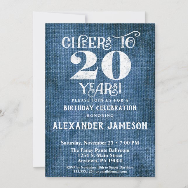 20th Birthday Invitation Blue Linen Rustic Cheers (Front)