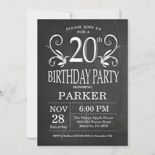 20th Birthday Invitation Chalkboard Floral (Front)