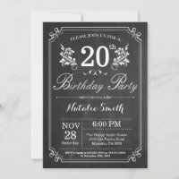 20th Birthday Invitation Floral Chalkboard