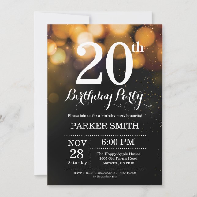 20th Birthday Invitation Gold Glitter (Front)