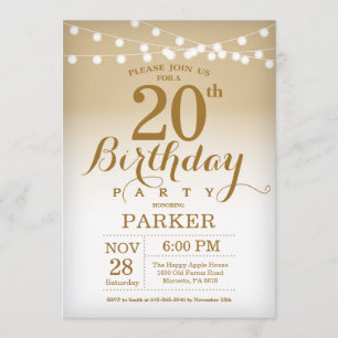20th Birthday Invitation Gold String Lights