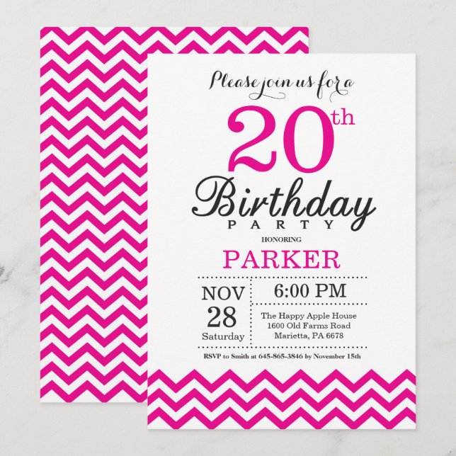 20th Birthday Invitation Hot Pink Chevron (Front/Back)