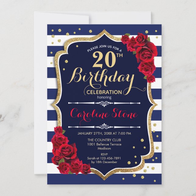 20th Birthday Invitation Navy White Stripes Roses (Front)