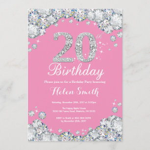 20th Birthday Invitation Pink and Silver Diamond