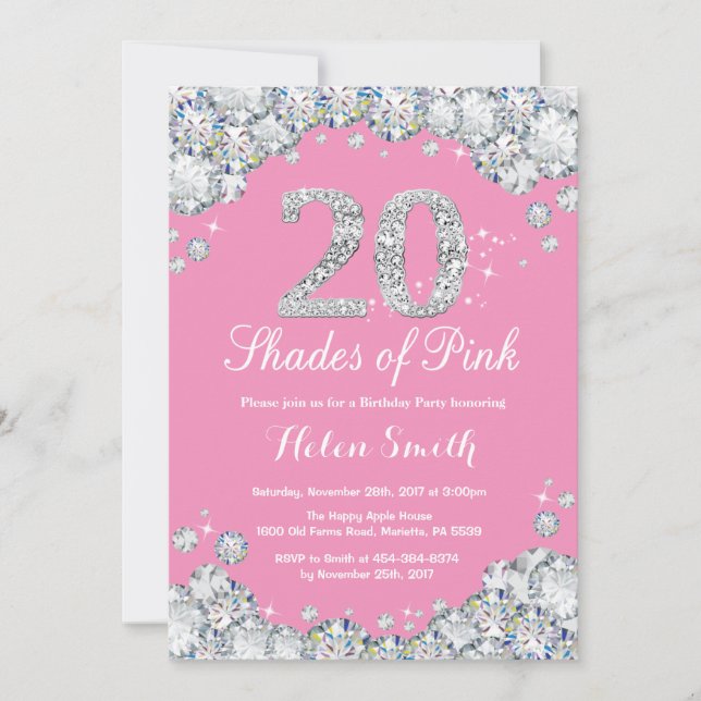 20th Birthday Invitation Pink and Silver Diamond (Front)