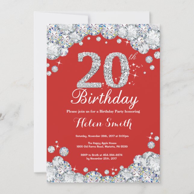 20th Birthday Invitation Red and Silver Diamond (Front)