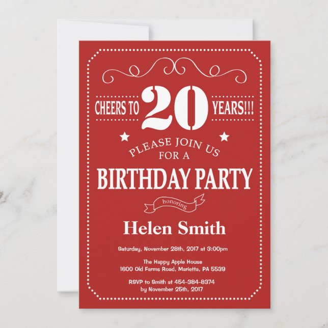 20th Birthday Invitation Red and White (Front)