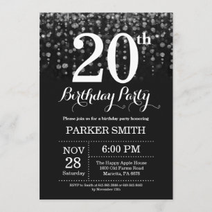 20th Birthday Invitation Silver Glitter