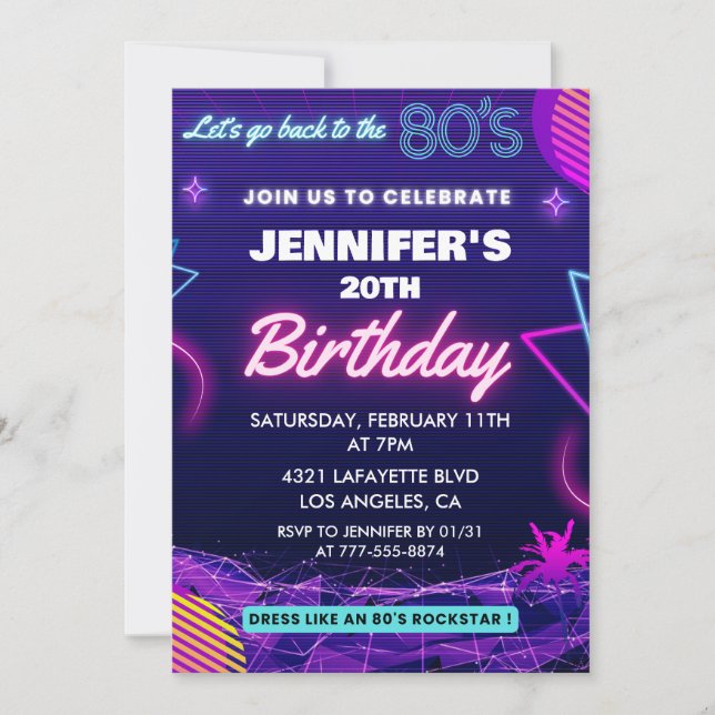 20th birthday invitations Back To The 80s Party (Front)