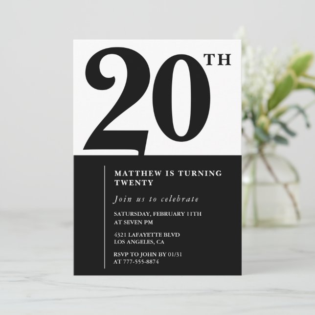 20th birthday invitations Black and White Elegant (Standing Front)