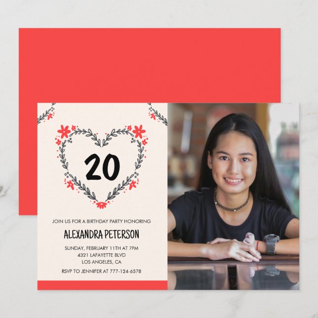 20th birthday invitations for her Floral Heart (Front/Back)