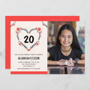 20th birthday invitations for her Floral Heart