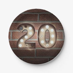 20th birthday marquee sign on brick wall paper plate
