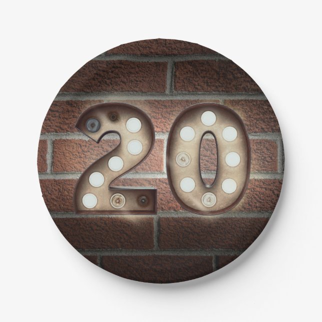 20th birthday marquee sign on brick wall paper plate (Front)