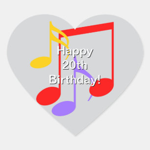 20th Birthday Music Notes Heart Sticker
