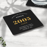 20th Birthday Name 2005 Black Gold Elegant Chic Square Paper Coaster<br><div class="desc">Premium 20th Birthday Black and Gold Personalized Paper Coasters - Celebration Elegance. Celebrate a milestone birthday in style with our chic, premium-quality, 20th Birthday paper coasters. Exquisitely designed with a striking black and gold colour scheme, these coasters add a touch of luxury and sophistication to any 20th birthday bash. Express...</div>