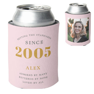 20th Birthday Name 2005 Chic Pink Grey Photo Can Cooler