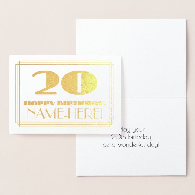 20th Birthday; Name + Art Deco Inspired Look "20" Foil Card (Display)