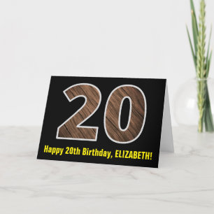20th Birthday: Name + Faux Wood Grain Pattern "20" Card