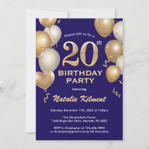 20th Birthday Navy Blue and Gold Glitter Balloons Invitation