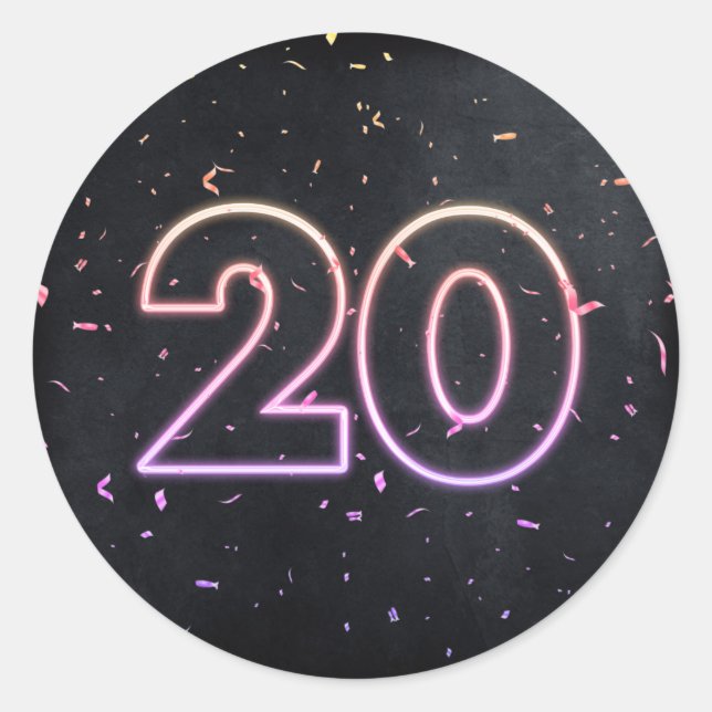 20th Birthday Neon Sign On Black Classic Round Sticker (Front)