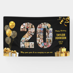 20th Birthday Number 20 Photo Collage Black Gold Banner