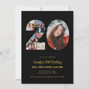 20th Birthday Number 20 Photo Collage Modern Black Invitation