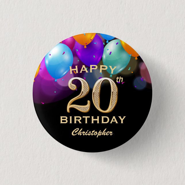 20th Birthday Party Black and Gold Balloons 1 Inch Round Button (Front)