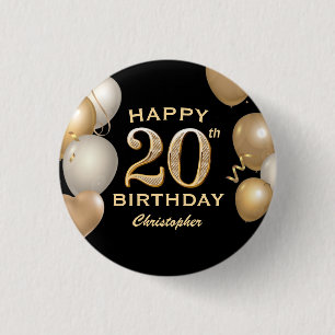 20th Birthday Party Black and Gold Balloons 1 Inch Round Button