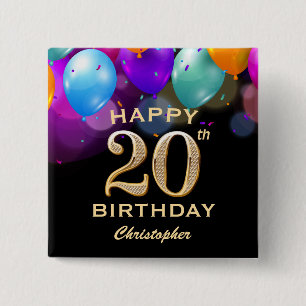 20th Birthday Party Black and Gold Balloons 2 Inch Square Button