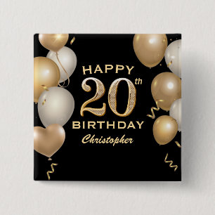 20th Birthday Party Black and Gold Balloons 2 Inch Square Button