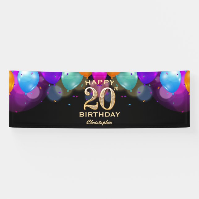20th Birthday Party Black and Gold Balloons Banner (Horizontal)