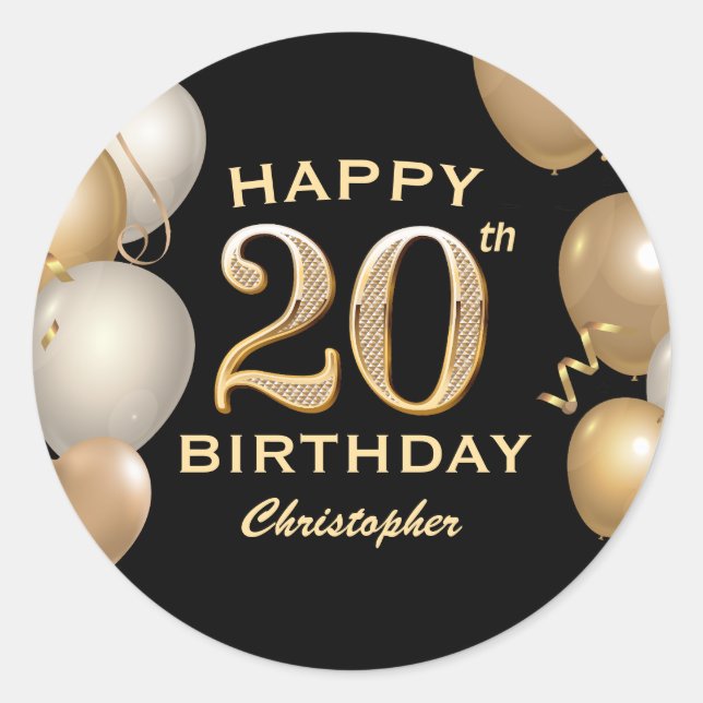 20th Birthday Party Black and Gold Balloons Classic Round Sticker (Front)