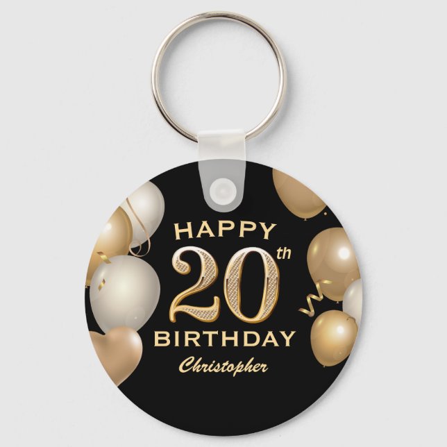 20th Birthday Party Black and Gold Balloons Keychain (Front)